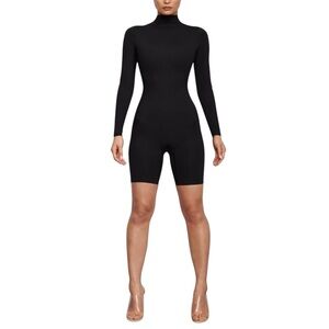 SKIMS All-In-One Long Sleeve Mid Thigh Onesie Black Mock Neck Base Layer Sz S